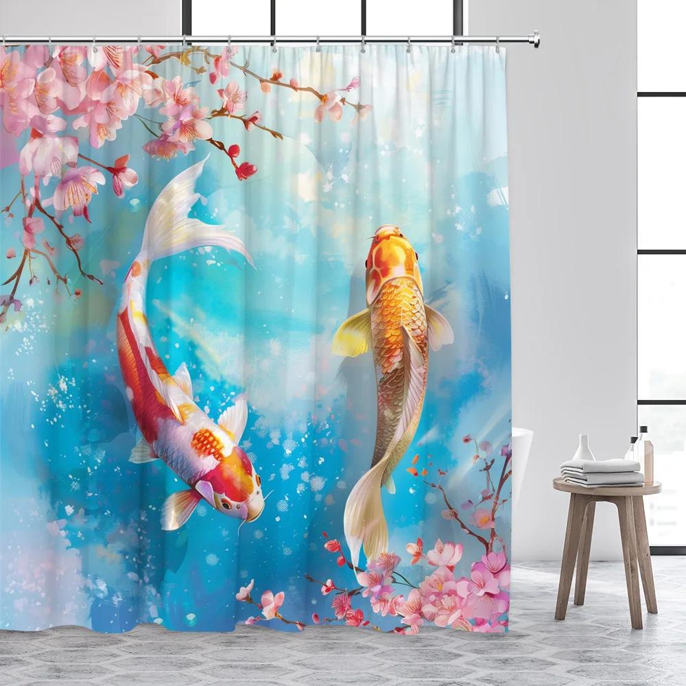 Занавеска для душа в японском стиле с кои, белый лотос, зеленые листья, озерный карп, цветочный арт, украшение для ванной комнаты, полиэстеровые шторы для ванной