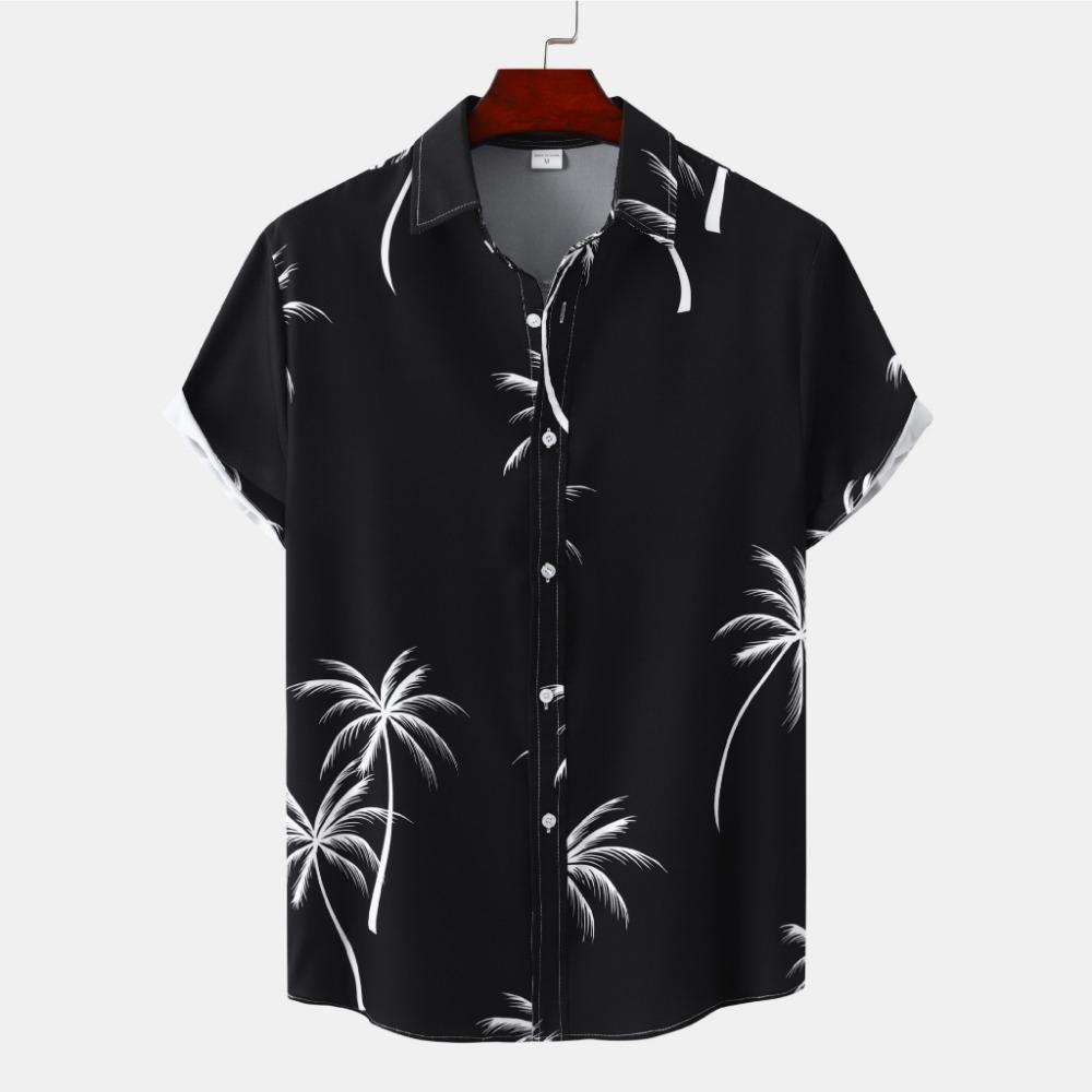 White/Black Men's Summer Casual Hawaiian Beach Loose Collar Flower Short Sleeve Shirt Printed Button Plus Size