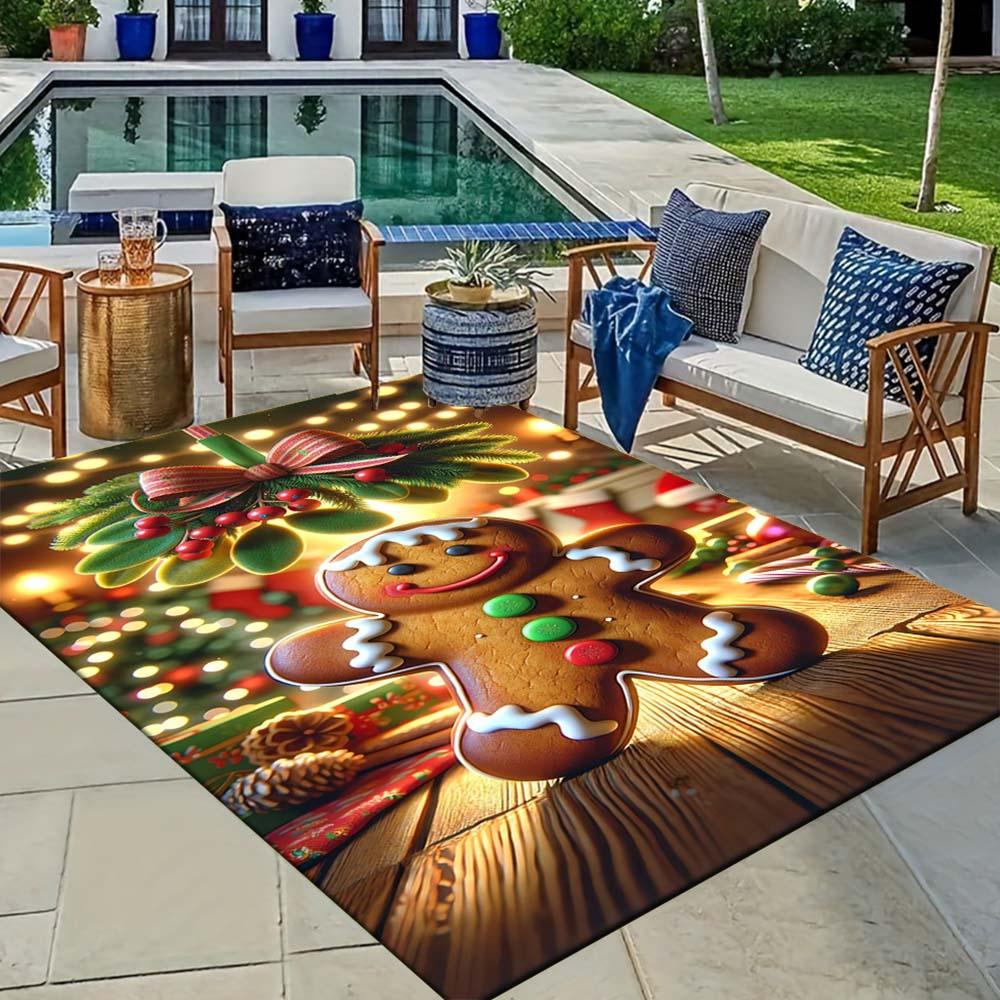 1pc Christmas Themed Rug, Happy Gingerbread Man Print, Bedside Carpet, Non slip Laundry Room Mat, Machine Washable Water Absorbing Entrance
