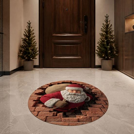 Non Slip Holiday Floor Mat Christmas Round Area Rug, 3D Optical Illusion with Santa Candy Cane Comfortable Study Room Print, Non-Slip Stain Resistant
