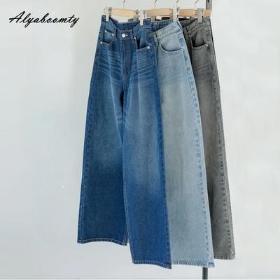 Корейская мода летние женские однотонные прямые джинсы с высокой талией серо-синие повседневные свободные джинсовые брюки винтажные элегантные женские джинсы