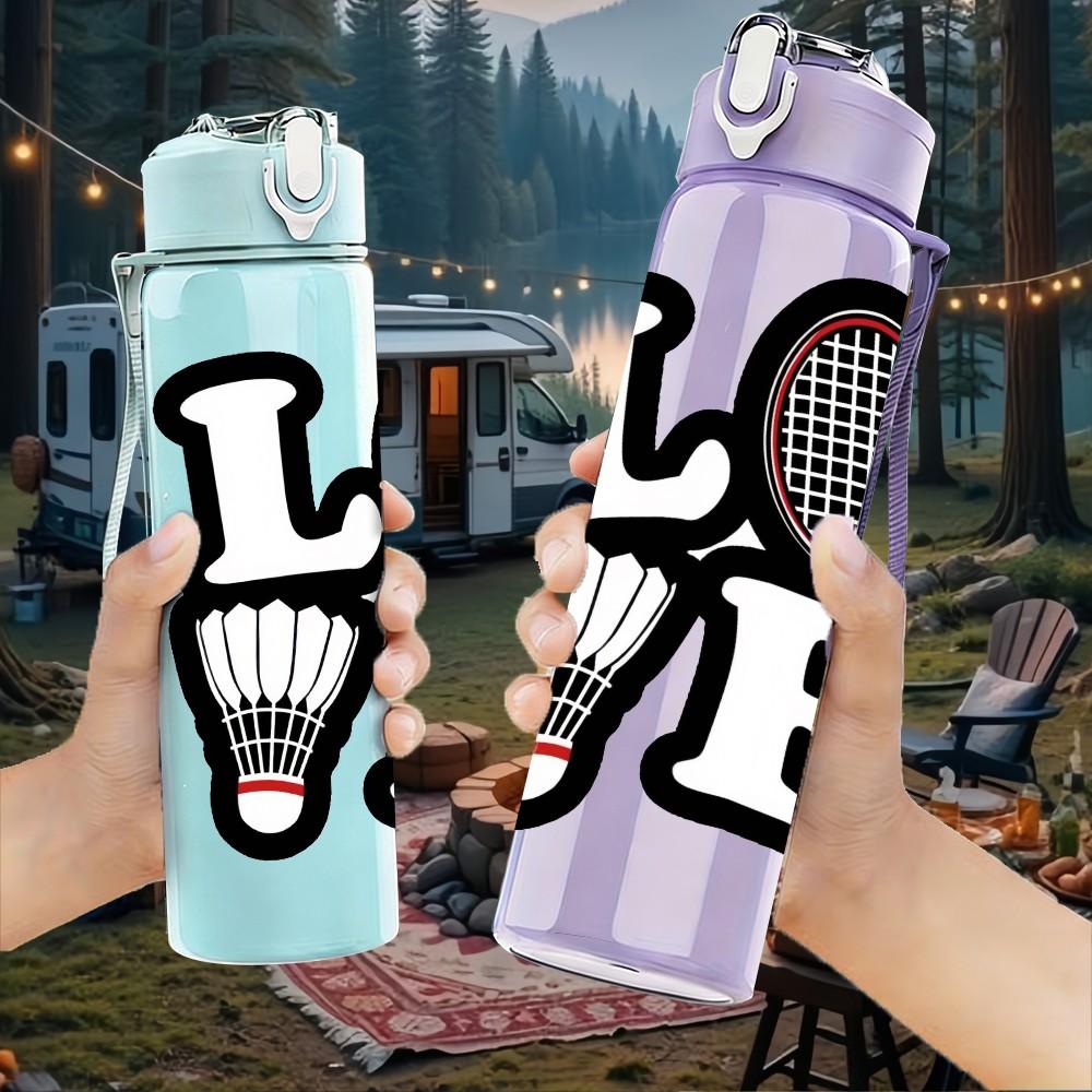 1PC Love Badminton Racket Text Print 750ml Color Plastic Sports Water Bottle Leakproof Flip Straw Lid Suitable for Sports Office Home Use
