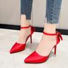 Fashion Women Sweet Pointed Toe Shallow Mouth Pumps New Red Wedding Shoes Kitten High Heels Fashion Bow Tie One-line Belt Shoes