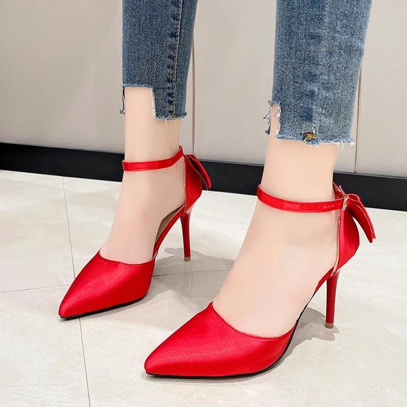 Women Sweet Pointed Toe Shallow Mouth Pumps New Red Wedding Shoes Kitten High Heels Fashion Bow Tie One-line Belt Shoes