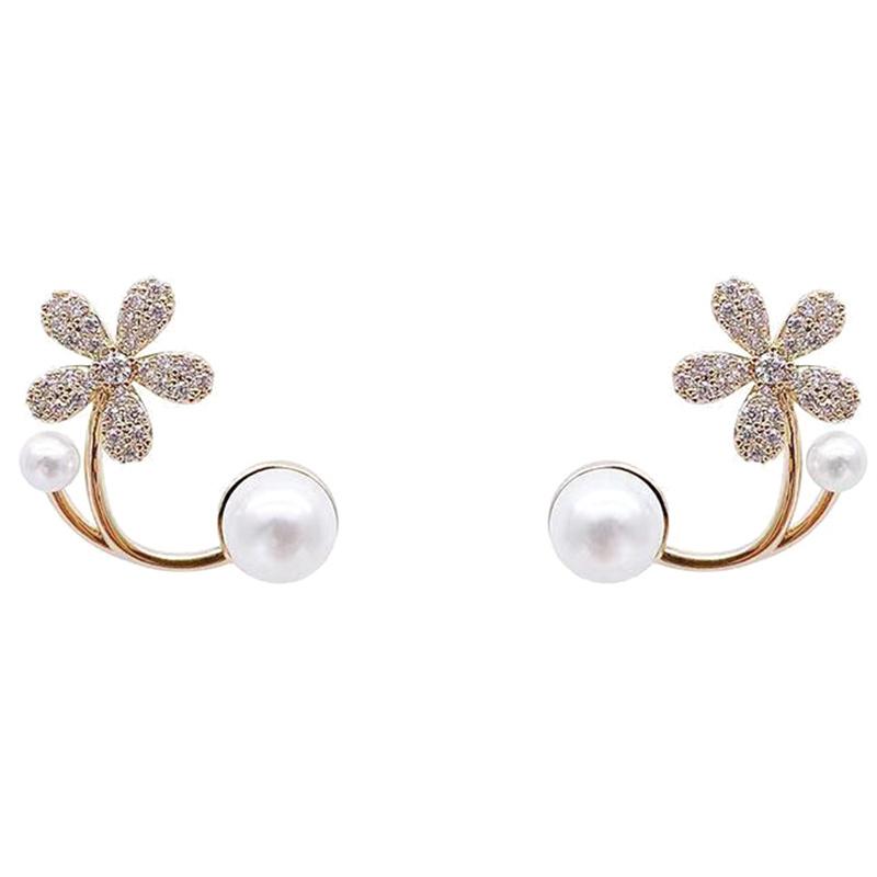 1 пара сережек-гвоздиков в корейском стиле с жемчужным цветком, золотые инкрустированные бриллиантовые серьги для женщин, легкие роскошные ювелирные аксессуары