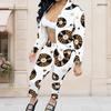 Women Plus Size 2 Piece Tracksuit Stand Collar Long Sleeve Zip Front Jacket Printed Lemon Leopard White Long Pants