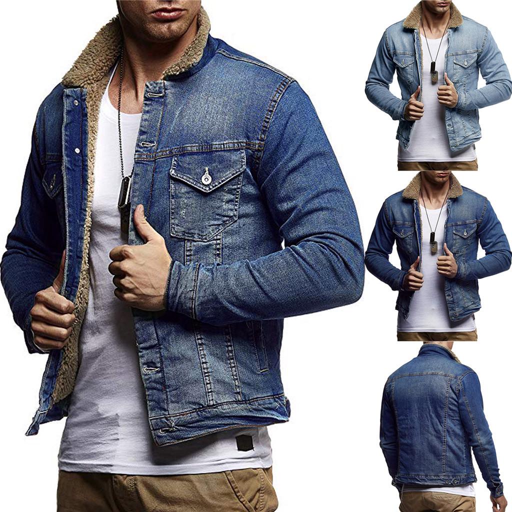 Men's  Winter Button Solid Plush Vintage Denim Jacket Tops Blouse Coat