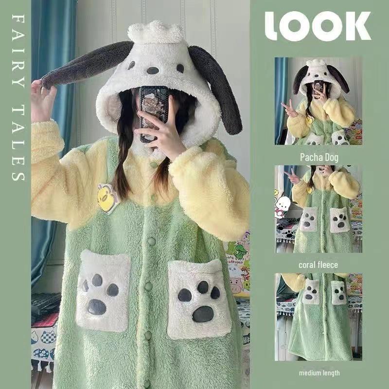 Женский пижамный комплект из кораллового флиса с капюшоном - милая мультяшная ночная рубашка для осени/зимы