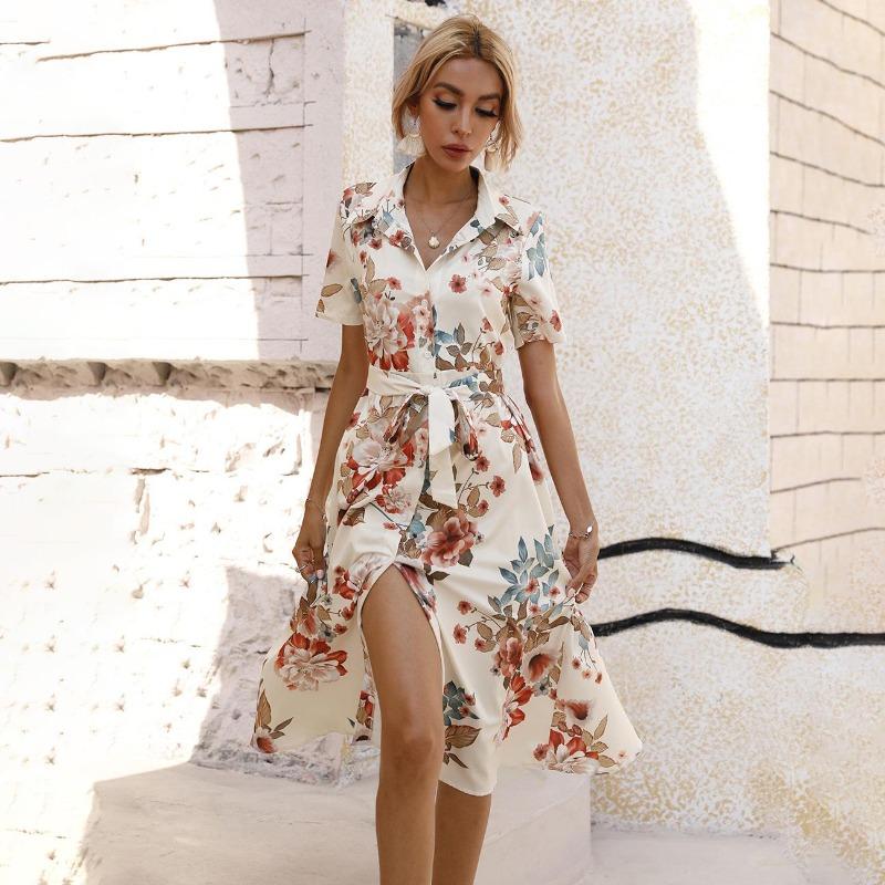 Женское летнее платье с короткими рукавами и высокой талией в этническом стиле на шнуровке