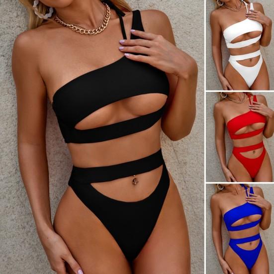 2Pcs/Set Women Sexy Bikini Set One Shoulder Hollow Sling Bra High Waist