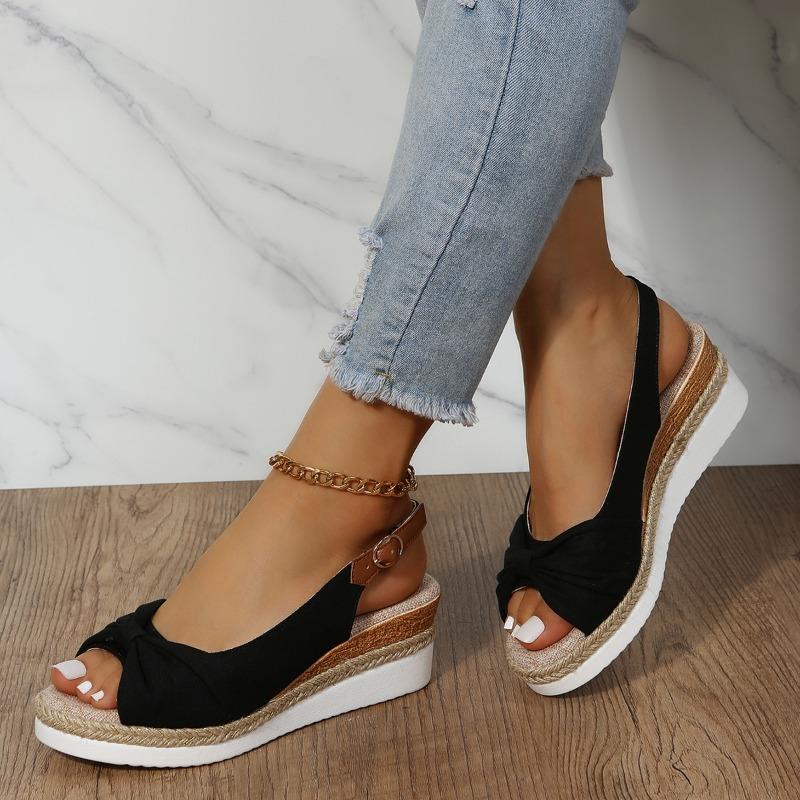 Wish Large Size Women's Wedge Heel Sandals Women's Summer New Casual Muffin Wear Bow Fish Mouth Sandals