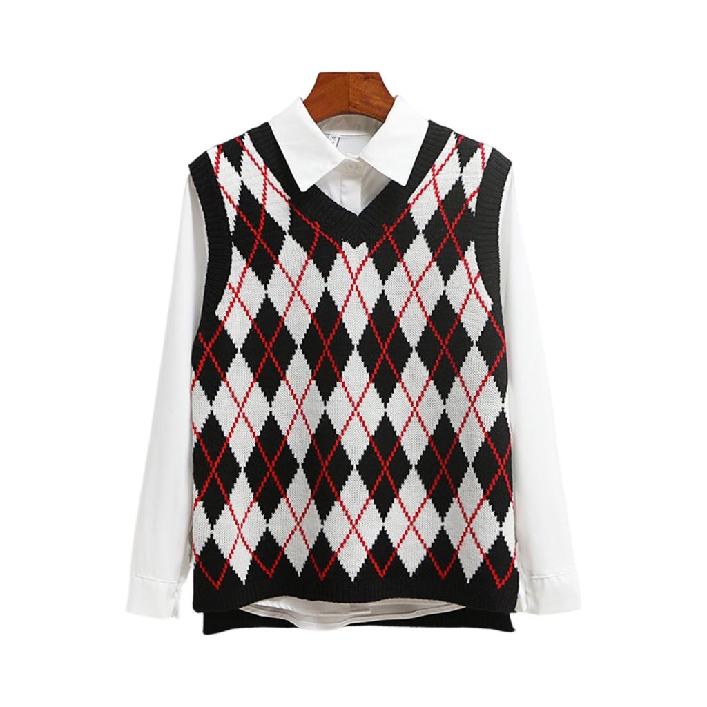 Women's Fashion Diamond Plaid Sleeveless V,neck Loose Student College Knitted Sweater Vest
