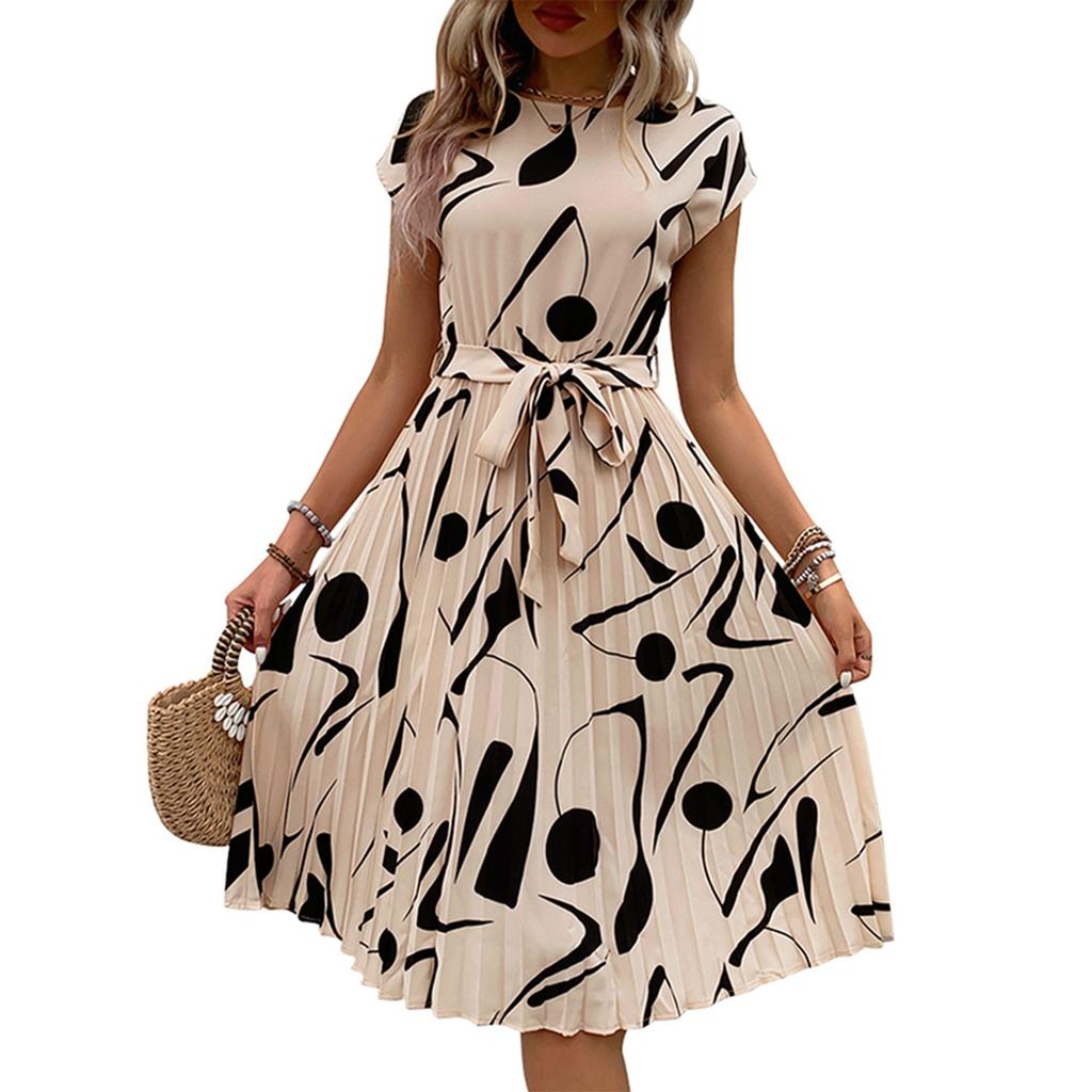 Women's Casual Fashion Abstract Print Pleated Cuff Dress