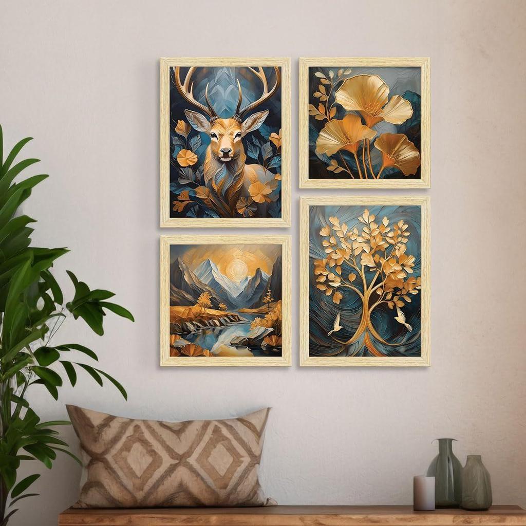 Paper Golden Deer Sunrise Scenery Flower Tree Art Paintings with Frame for Home Decor, Multicolor, Natural Wood Color Frames, Set of 4