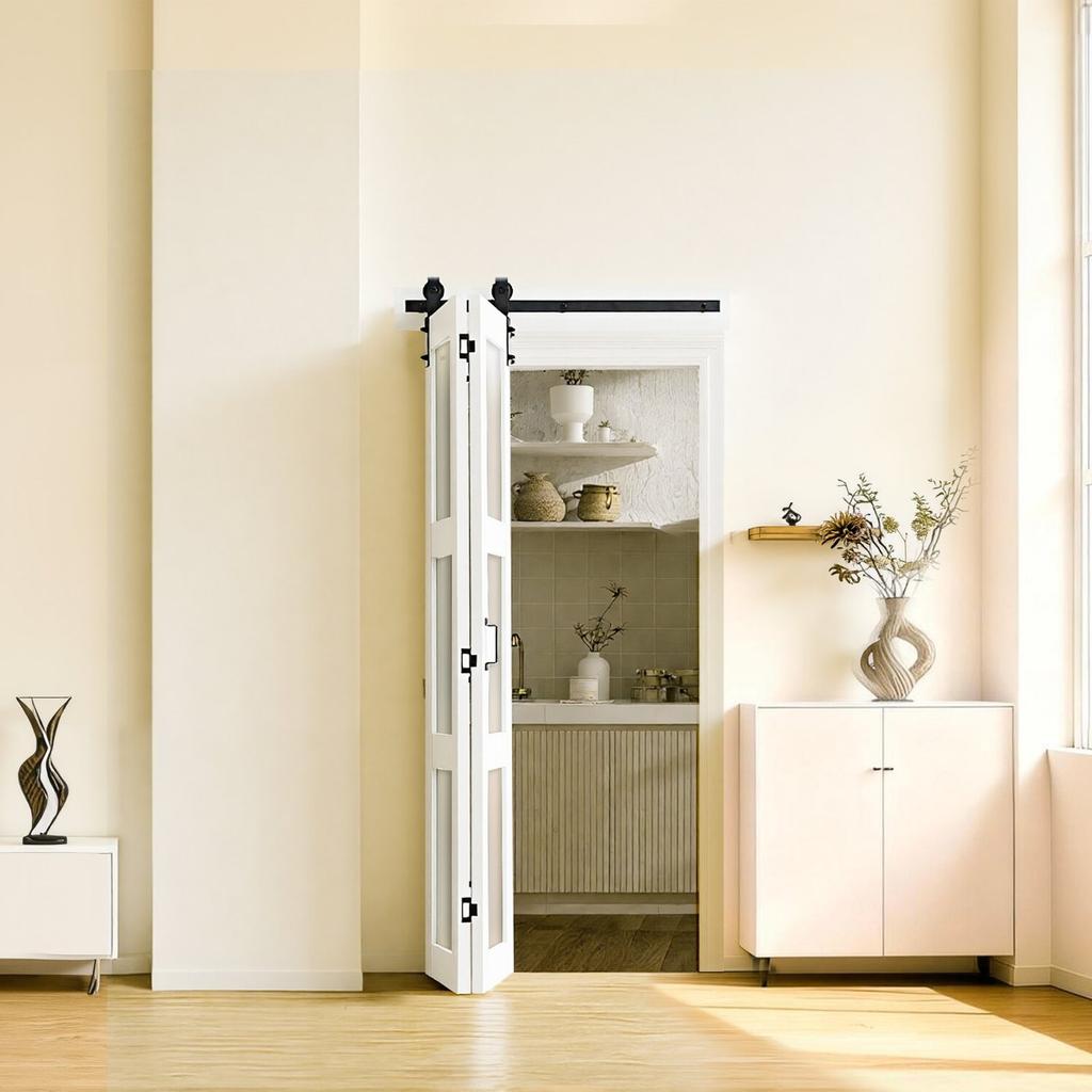Bifold Barn Door, 914 x 2134 mm, MDF with Tempered Glass Bi-Fold Sliding Closet Doors, Hardware Kit Included, Space-Saving Design, Pre-Assembled