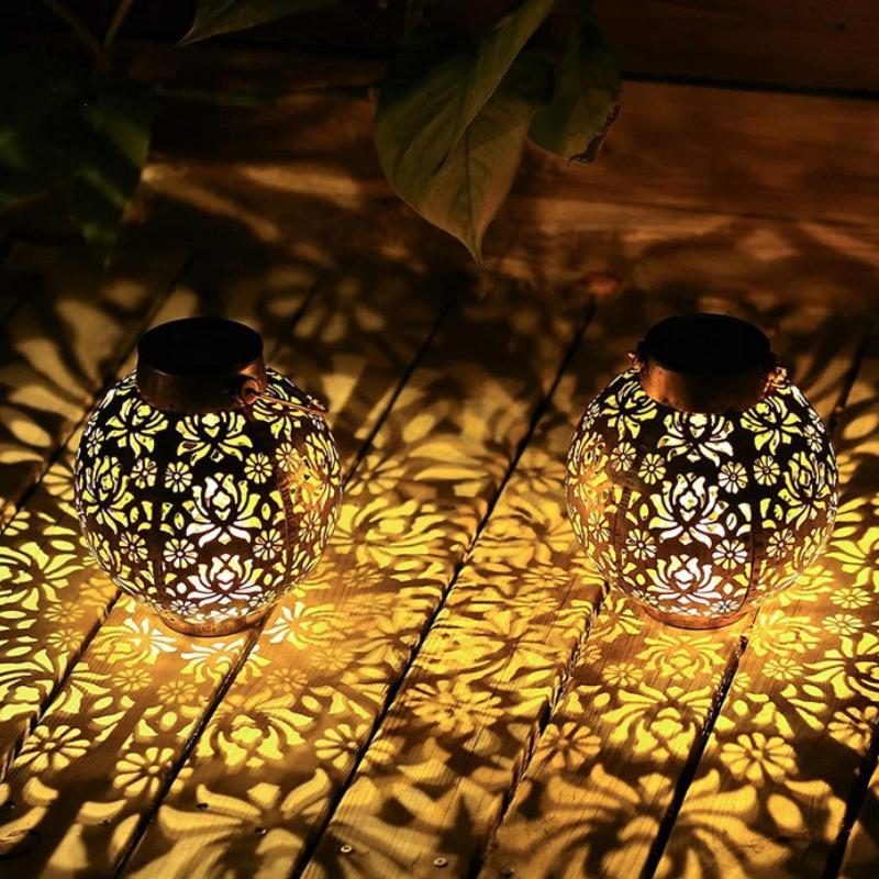 Солнечный садовый светильник, уличный садовый декор, солнечные фонари, металлические водонепроницаемые круглые фонари, подвесные полые проекционные светильники