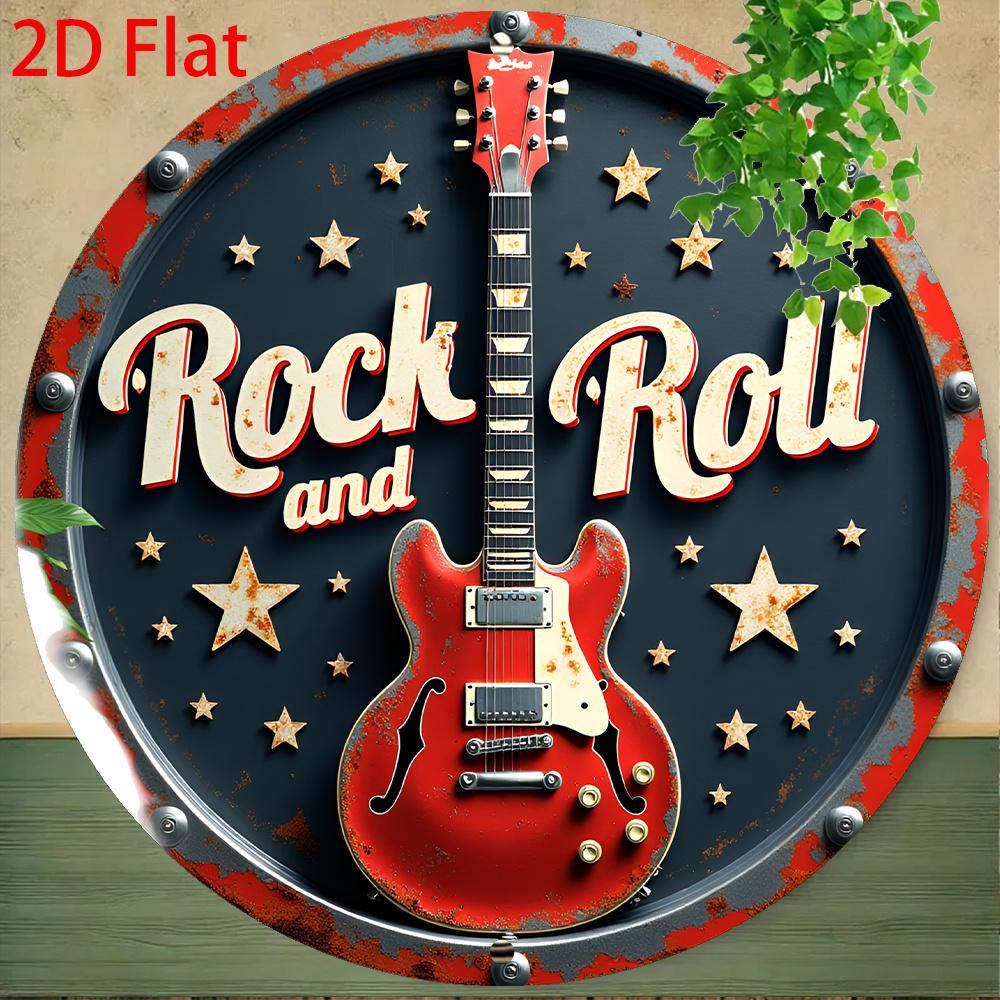 Винтажный Металлический Баннер Rock and Roll HD Печать с Ретро Круглым Дизайном и Рельефным Изображением Красной Электрогитары R