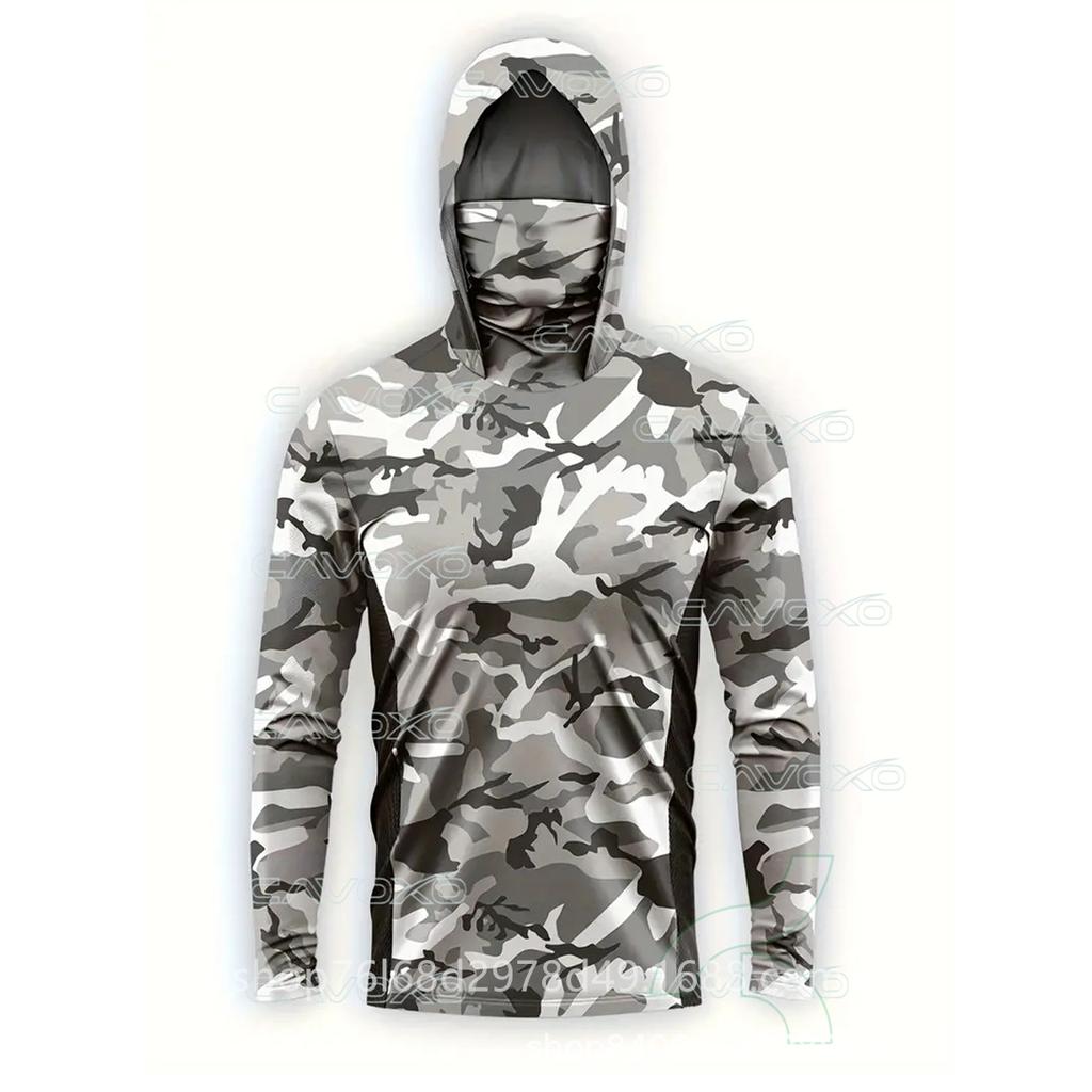 Ice silk fishing suit, light and breathable sunscreen suit, outdoor Luya fly fishing, long-sleeved mask, hoodie, quick-drying fishing suit.