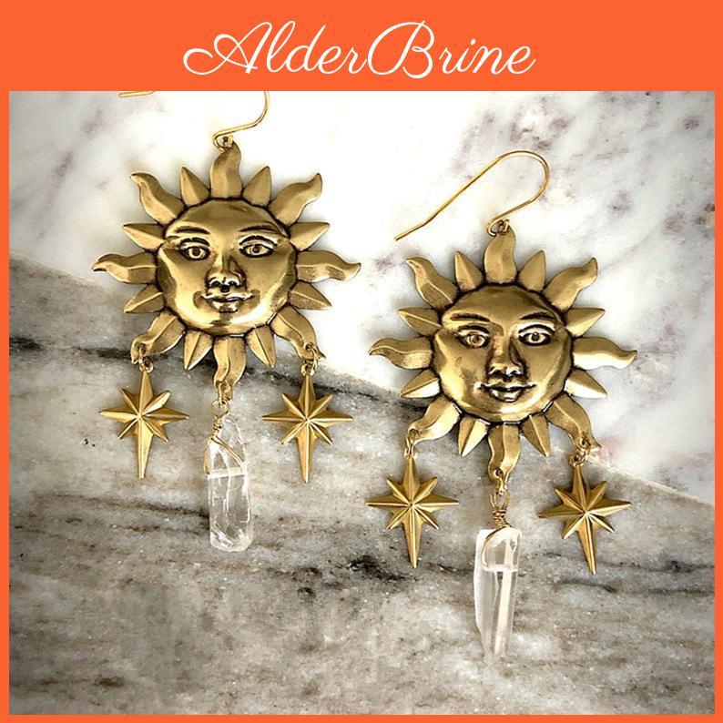 Vintage Boho Sun Moon Star Drop Earrings With Stainless Steel Posts For Women