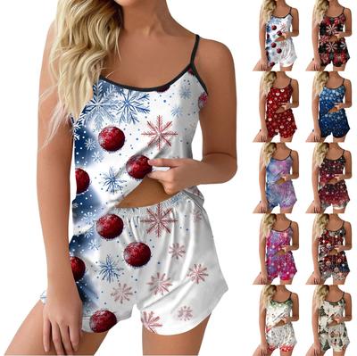 Женская мода повседневный безрукавный топ шорты пижамный комплект с рождественским принтом