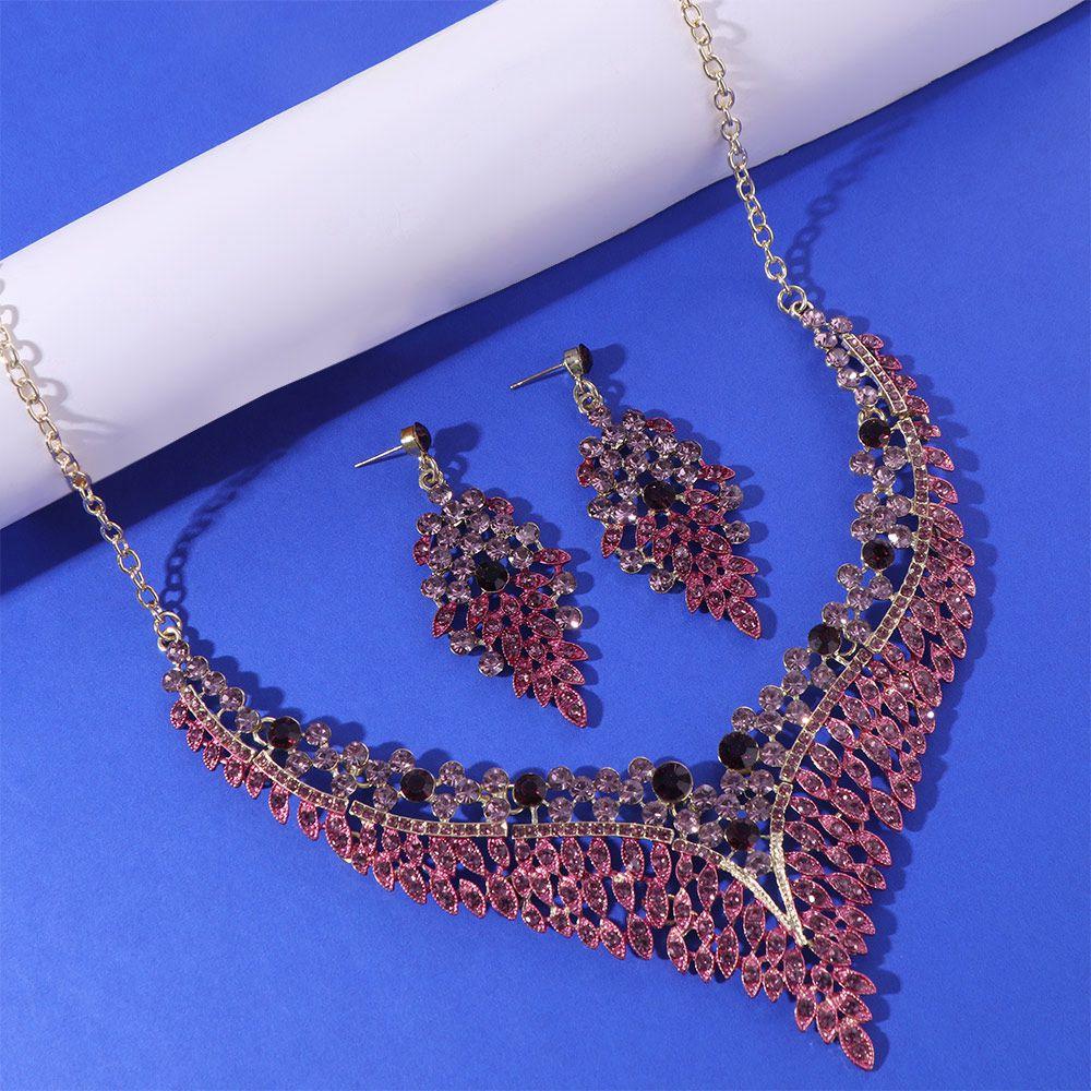 3Pcs Purple Necklace Earring Set Luxury Crystal Jewelry Set Fashion Stud Earrings Choker Set Women