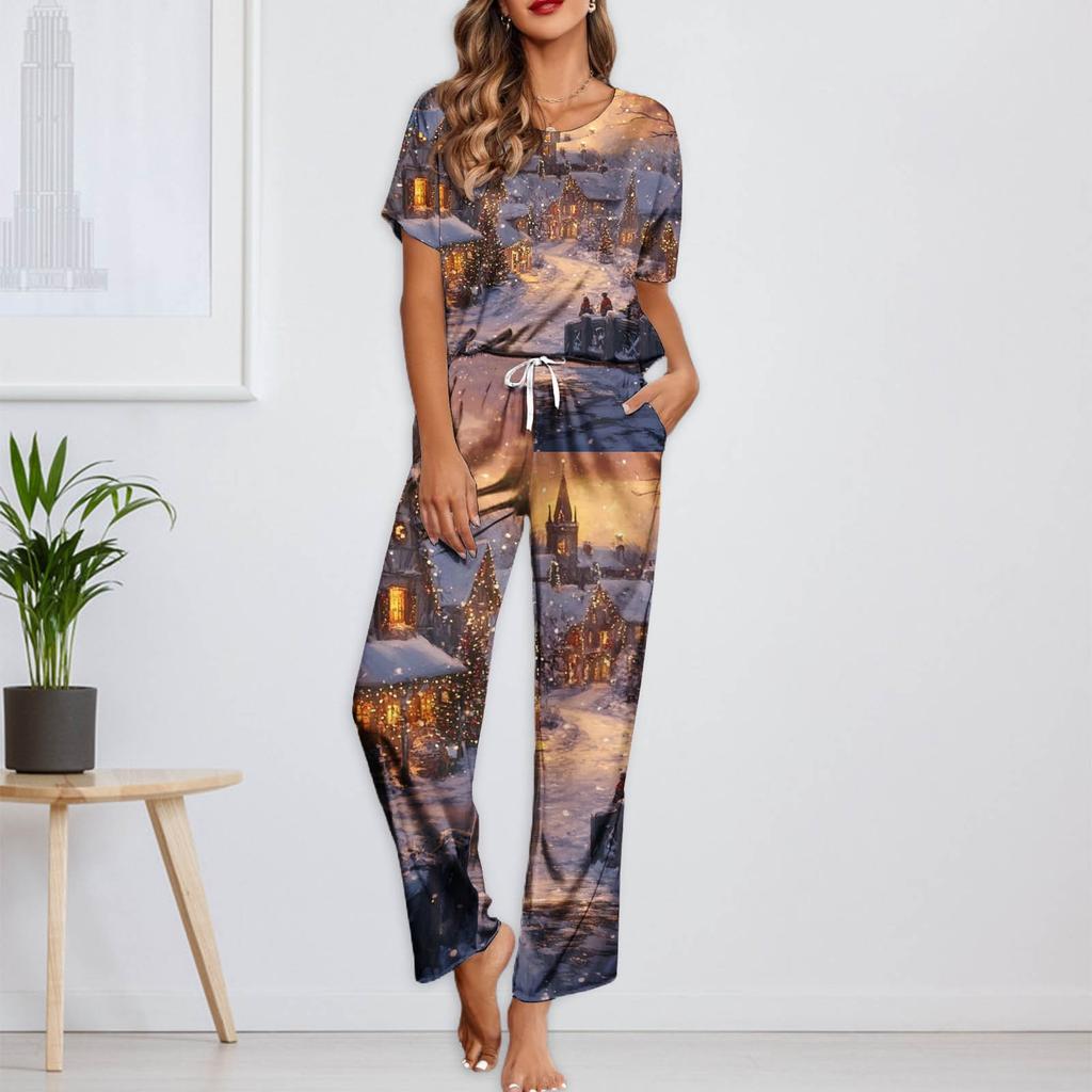 Женский шелковый атласный пижамный комплект с рождественским принтом, рубашка с коротким рукавом и длинные пижамные штаны, мягкая домашняя одежда
