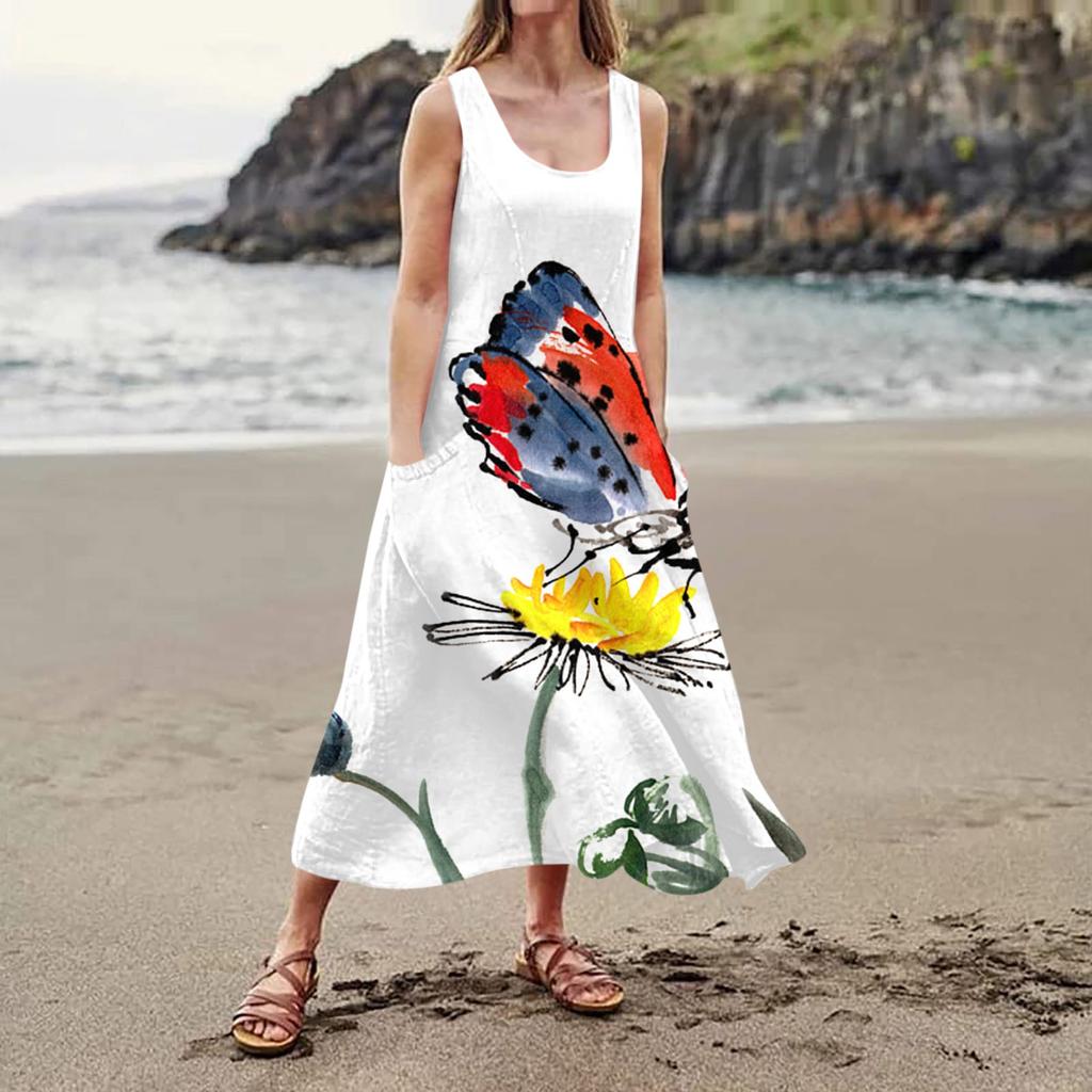 Женское повседневное удобное хлопковое карманное платье без рукавов с цветочным принтом