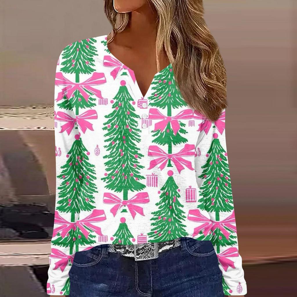 Женская мода повседневная цветочная рождественская печать V-образный вырез с длинными рукавами на пуговицах с длинными рукавами топ