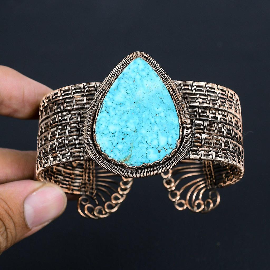 Синий бирюзовый драгоценный камень, чистая медная проволока, завернутая в манжеты/браслет ручной работы, регулируемые ювелирные изделия