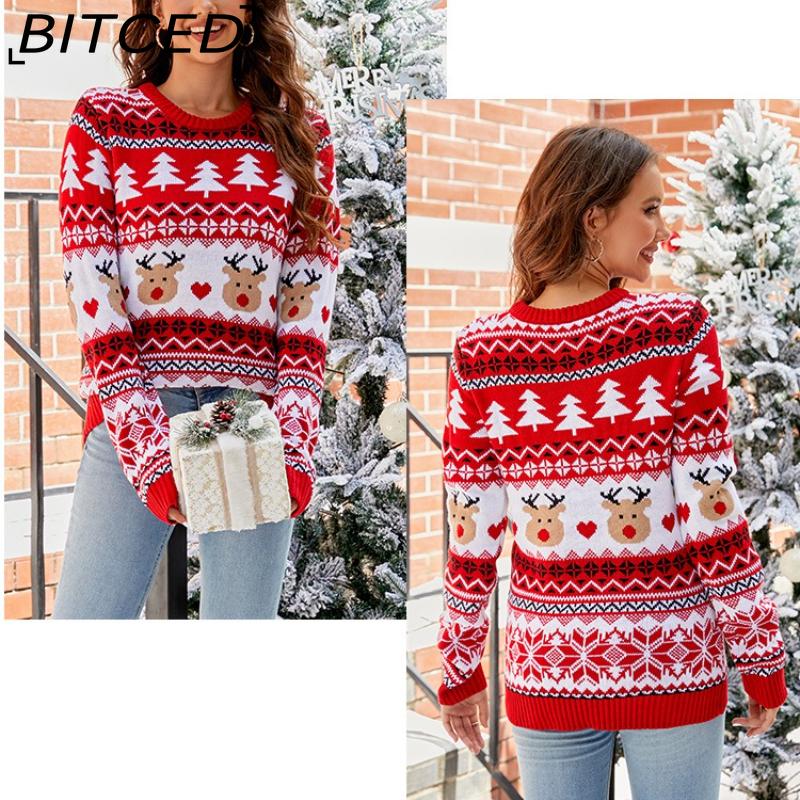 BITCED Jacquard Casual Crewneck Christmas Sweater Lazy-chic Autumn/Winter Women's Knitted Jumper