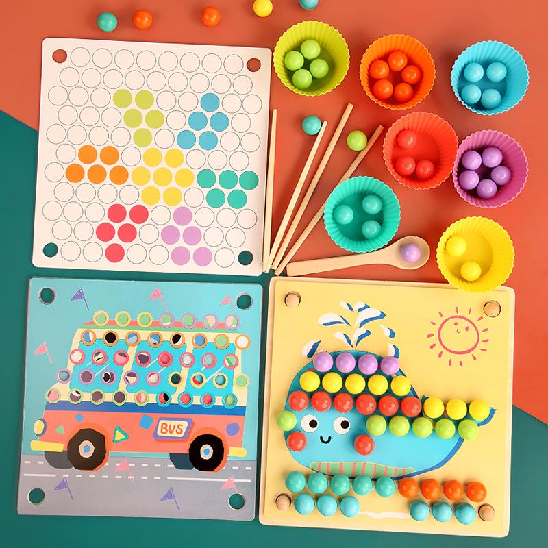 Wooden Children's Bead Puzzle Game Tweezers - Fun Hand-Eye Coordination Toy for Early Education