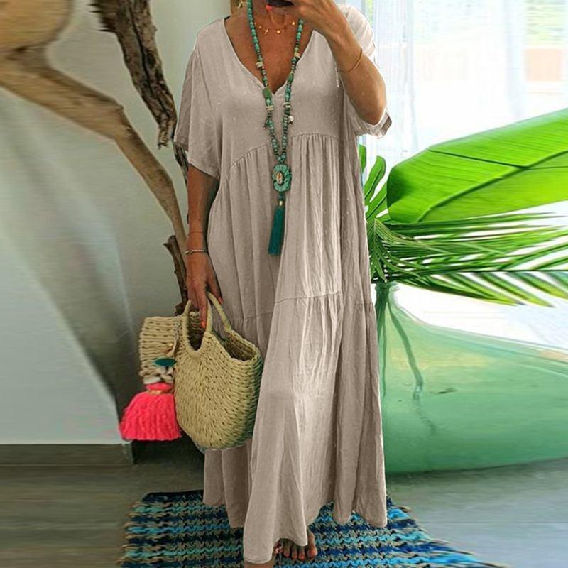Summer Fashion New Women's Long Dress V- Neck Irregular Cotton Blended Elegant Large Size Casual Long Swing Vintage Dress