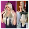 Long Synthetic Straight Ombre Ash Platinum Blonde Lace Front Wigs for Women Cosplay Party High Density Hair Heat Resistant