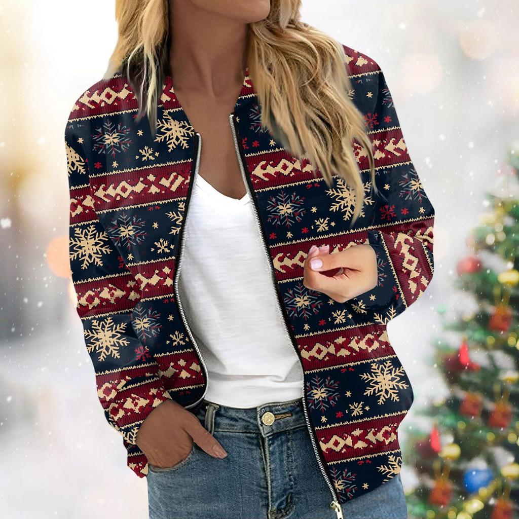 Женская легкая короткая куртка с длинными рукавами на молнии с принтом, повседневная стеганая куртка с карманами, рождественская