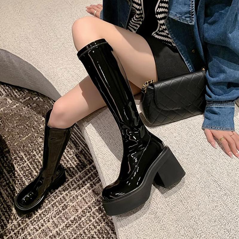 High Heel Women Knee High Boots Fashion Elegant Patent Leather Shoes Autumn Winter Punk Style Women's Morder Long Booties