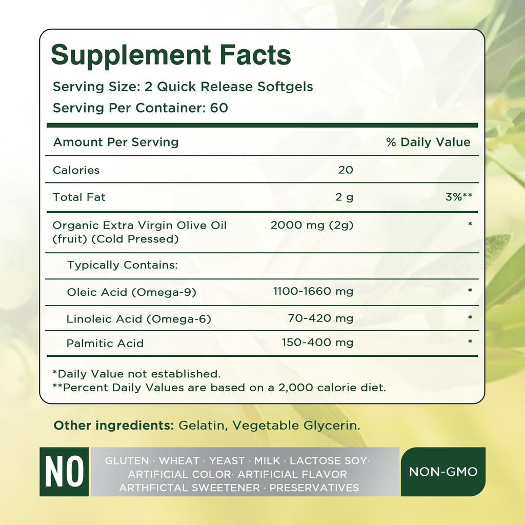 Extra virgin olive oil softgels, 2000 mg, antioxidant support, suitable for both men and women.