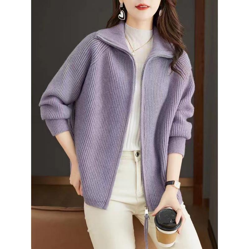 Solid Color Autumn and Winter New Loose Double Zipper Sweater Jacket for Women's Lazy Style Large Size Casual Knitted Cardigan for Women