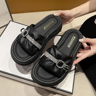 Крутые шлепанцы на толстой подошве со стразами для женщин для ношения летом Крутые шлепанцы на толстой подошве Популярные новые мюли пляжные женские туфли