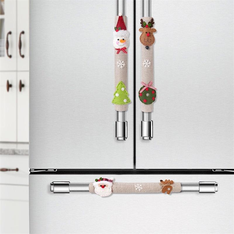 Christmas Home Decoration Items Santa Claus Snowman Elk Linen Refrigerator Handle Stick Microwave Oven Handlebar Cover