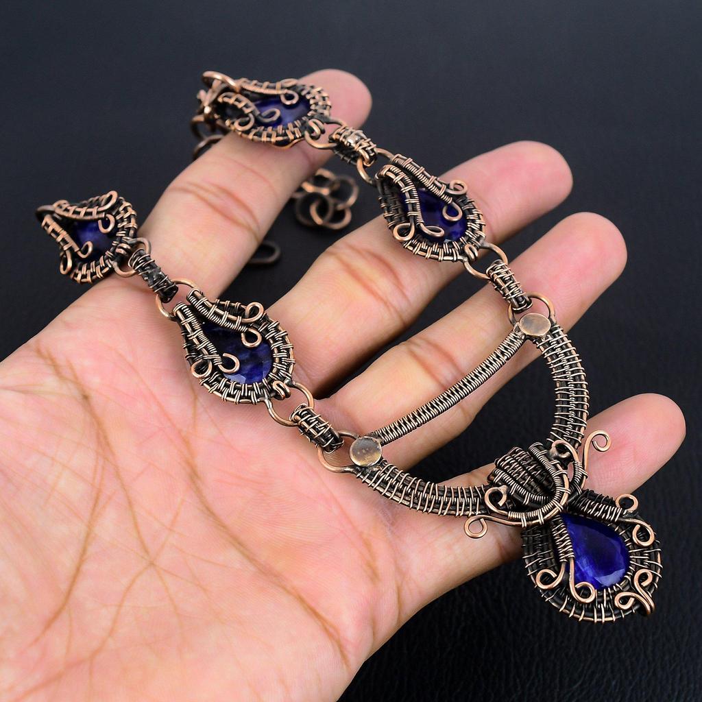 Ожерелье с синим сапфиром, Ожерелье из драгоценных камней ручной работы, Ожерелье, обернутое медной проволокой 999 пробы, Антикварное украшение, Для подарка на помолвку