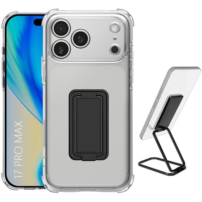 Coque de Téléphone - BOOLING - iPhone 17 Pro Max - Silicone Transparent - Support Métal Noir - Antichoc