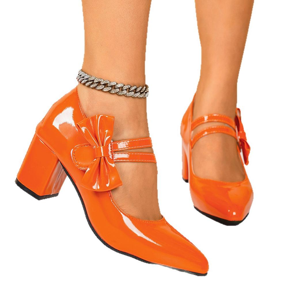 Женские туфли Мэри Джейн из лакированной кожи с бантом и заостренным носом на массивном каблуке Модная обувь для вечеринок