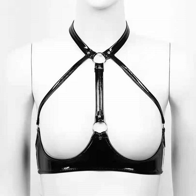 Women Sexy Open Up Leather Bra Hot Porn Tops Breast Exposing Glossy Erotic Latex Lingerie With Bralette Harness Adjustable