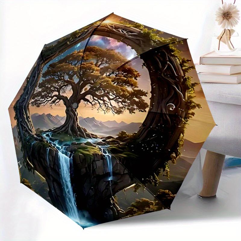 1pc Fantasy Landscape with a Mystical Tree Automatic Opening and Closing Umbrella - Suitable for Various Occasions, Outdoor Activities, Lightweig