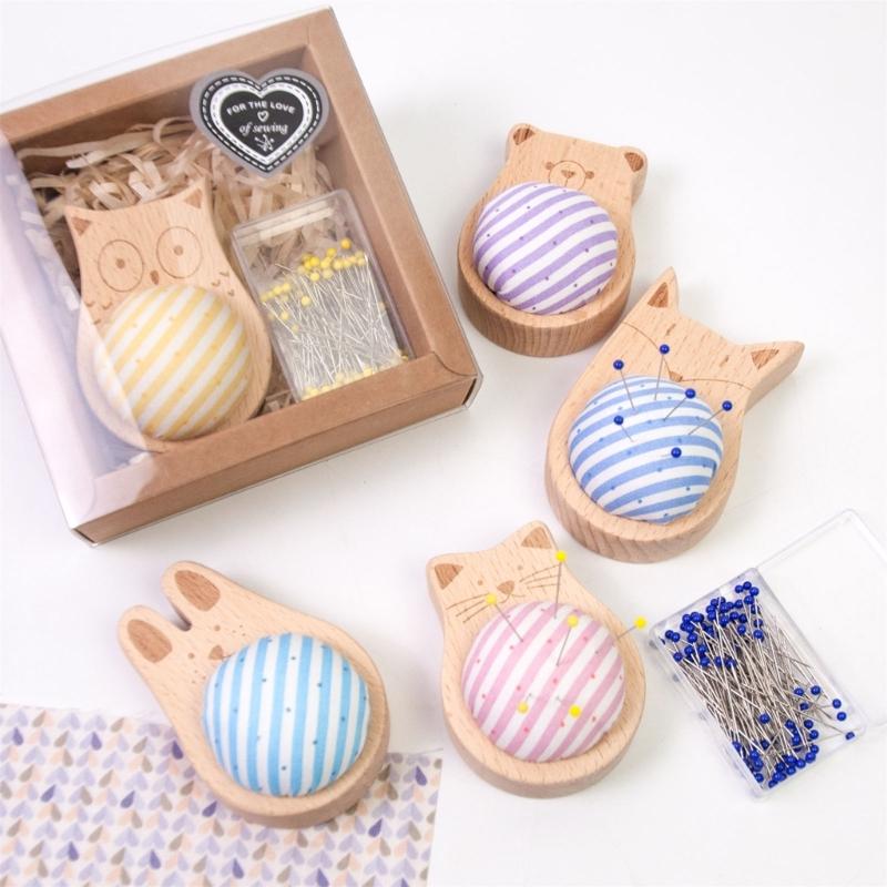 Wood Pin Cushion with 100Pcs Sewing Pin for Dressmaking Needlework Sewing 38mm Quilting Positioning Pin with Pin Holder