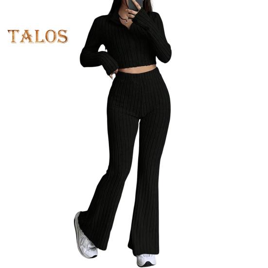 2 шт./комплект женский весенний наряд для поездок на работу топ расклешенные брюки комплект застежка-молния воротник стойка пальто высокая талия спортивный костюм эластичная повседневная одежда