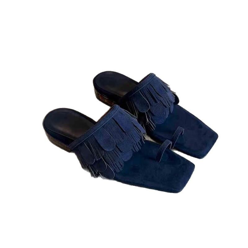 Версия из овчины~ нишевые замшевые тапочки с кисточками на низком каблуке с квадратным носком, женская обувь 2025, летние прохладные тапочки