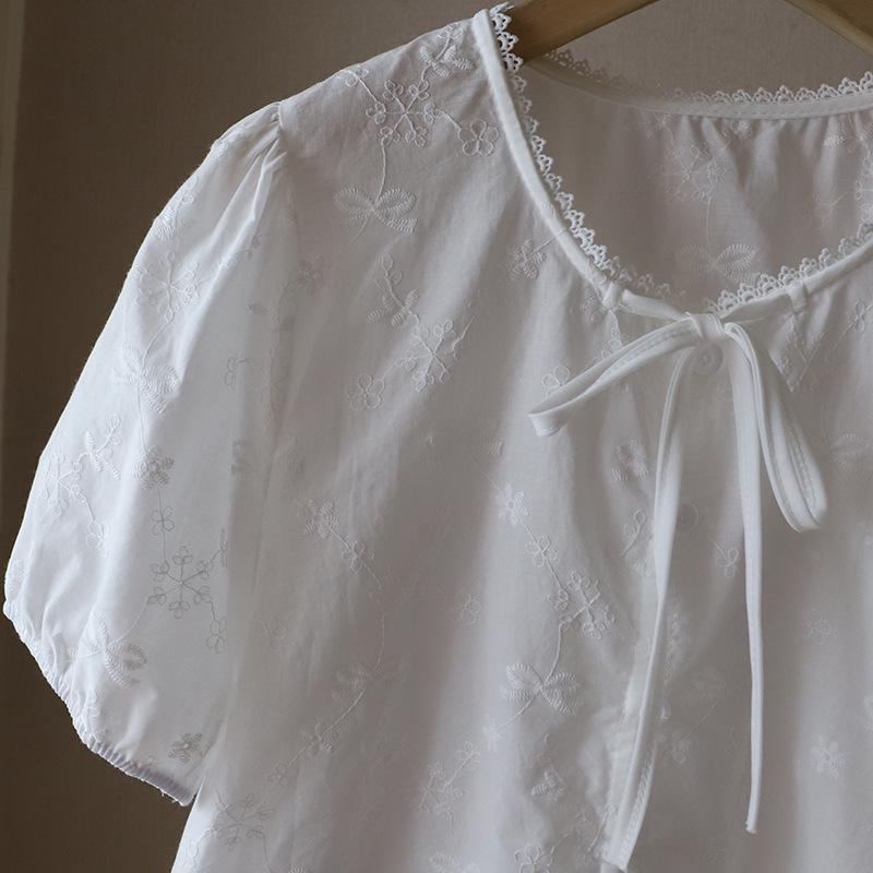 Корейская кружевная жаккардовая рубашка с рукавами-пузырями и завязками для женщин - Коллекция Лето 2025