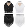 Girls Latin Dance Costume Mock Neck Sleeveless Fringe Vest Sparkly Rhinestones Tassel Skirt Performance Outfit