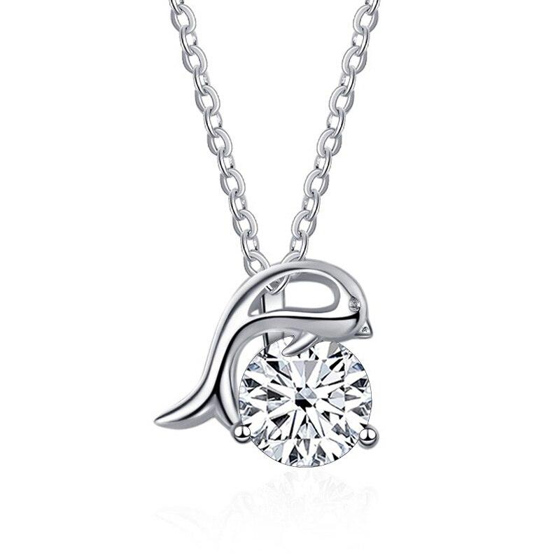 BagueRingen 1.0ct 6.5mm Green Round 18K White Gold Plated 925 Silver Pendant Necklace Moissanite Dolphin Shape Woman Girl Gift